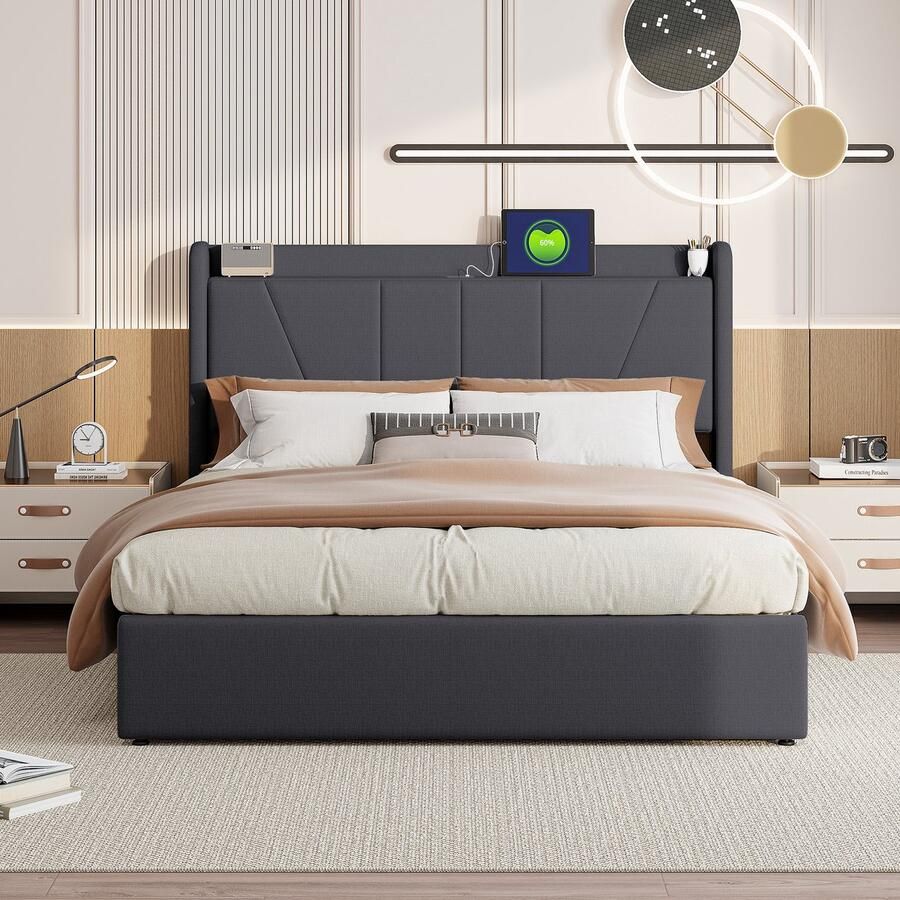 ROSAHQNDA Gestoffeerd bed 160x200cm Modern tweepersoonsbed met 2 USB-oplaadpoorten 1 Type-C-poort slaapkamerbed met opbergruimte en lattenbodem 12-delig jeugdbed functioneel bed Grijs zonder matras gesplitst voor 2 Pakketten voor verzending