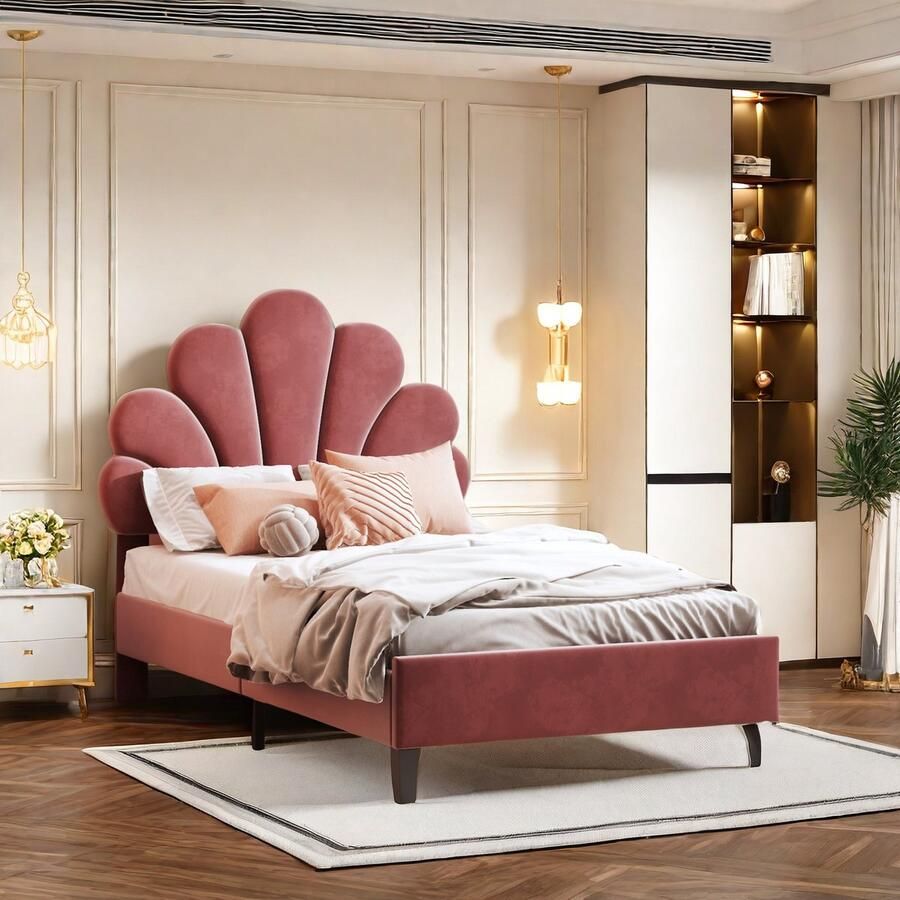 ROSAHQNDA Gestoffeerd bed met bloemvormig hoofdbord en lattenbodem 90x200 cm eenpersoonsbed in Velet-stof voor kinderen zonder matras