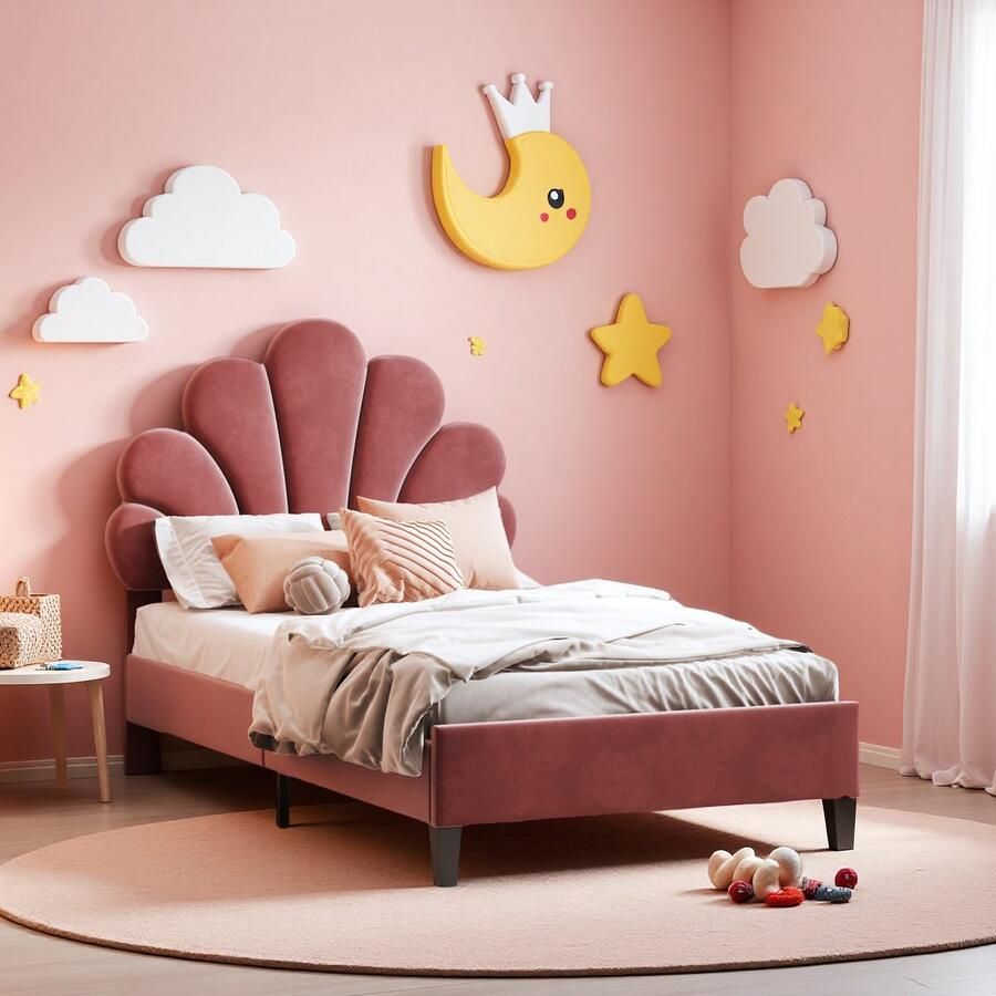 ROSAHQNDA Gestoffeerd bed met bloemvormig hoofdbord en lattenbodem 90x200 cm Kinder eenpersoonsbed in Velet stof voor kinderen zonder matras Wijnrood