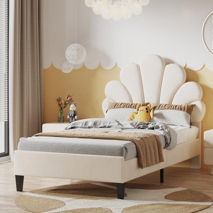 ROSAHQNDA Gestoffeerd bed met bloemvormig hoofdbord en lattenbodem 90x200 cm Kinderbed Eenpersoonsbed Prinsessenbed Fluweel Beige. zonder matras