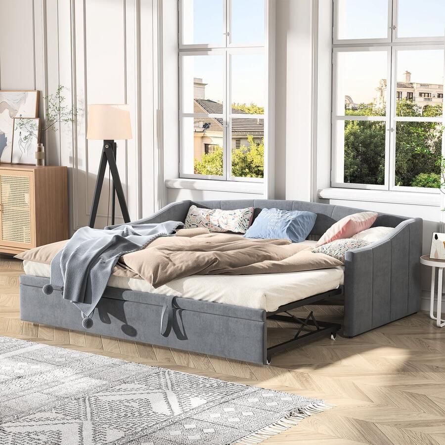ROSAHQNDA gestoffeerd bed slaapbank moderne bedden 90x200 cm uitschuifbare en opvouwbare slaapbank uitschuifbare bank gestoffeerd eenpersoonsbed slaapbank met uitschuifbaar bed grijs fluweel zonder matras