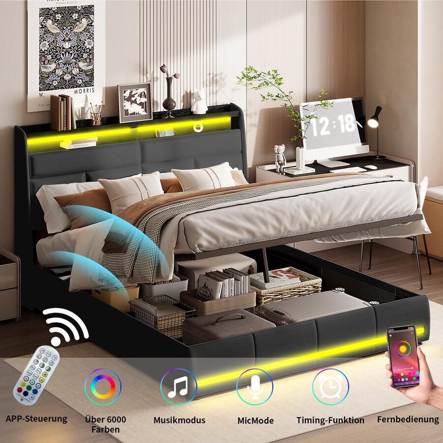 BursDany Tweepersoons bed 160x200 cm met LED Gestoffeerd bed met lattenbodem en opberg-hoofdbord Geschikt voor volwassenen en jongeren PU Zwart (zonder matras)