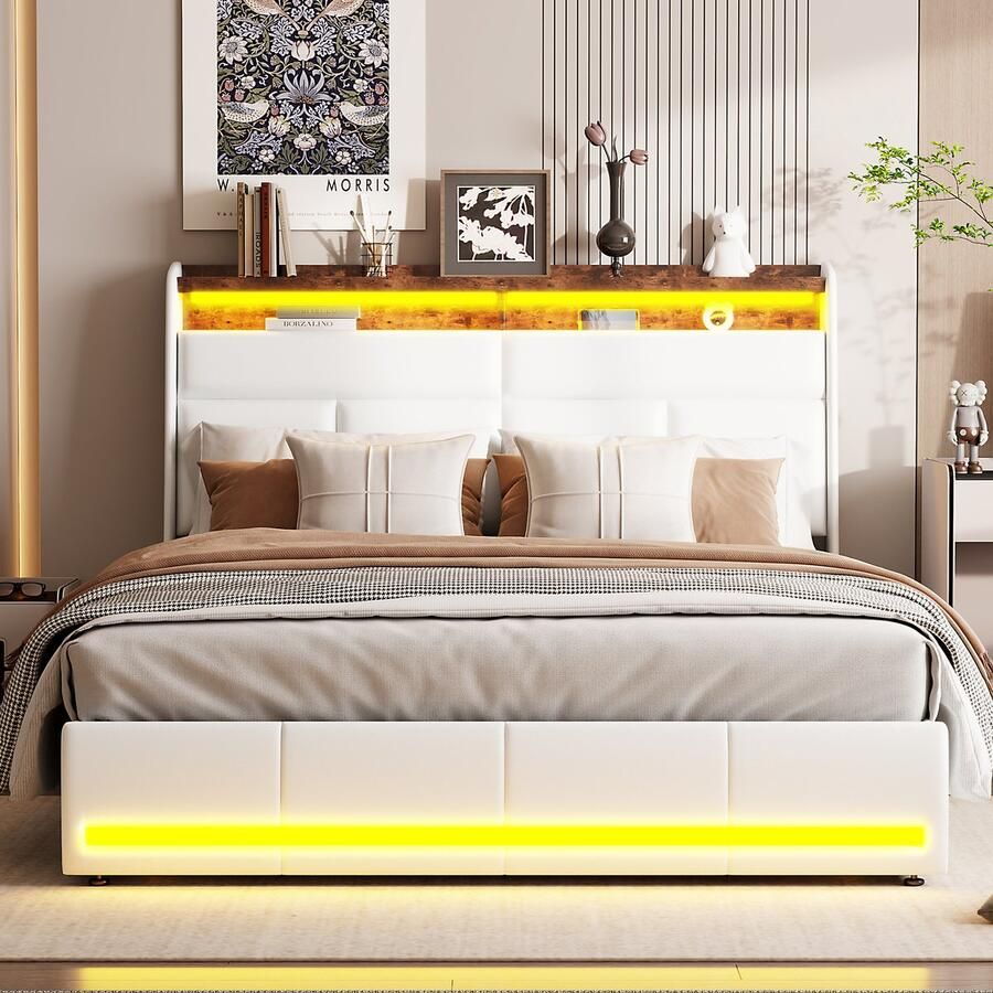 ROSAHQNDA Gestoffeerd tweepersoonsbed 140 x 200 cm modern gestoffeerd bed hoofdbord met ledverlichting stevig bedframe met lattenbodem jeugdbed wit PU-leer zonder matras gesplitst in 2 Pakket voor verzending