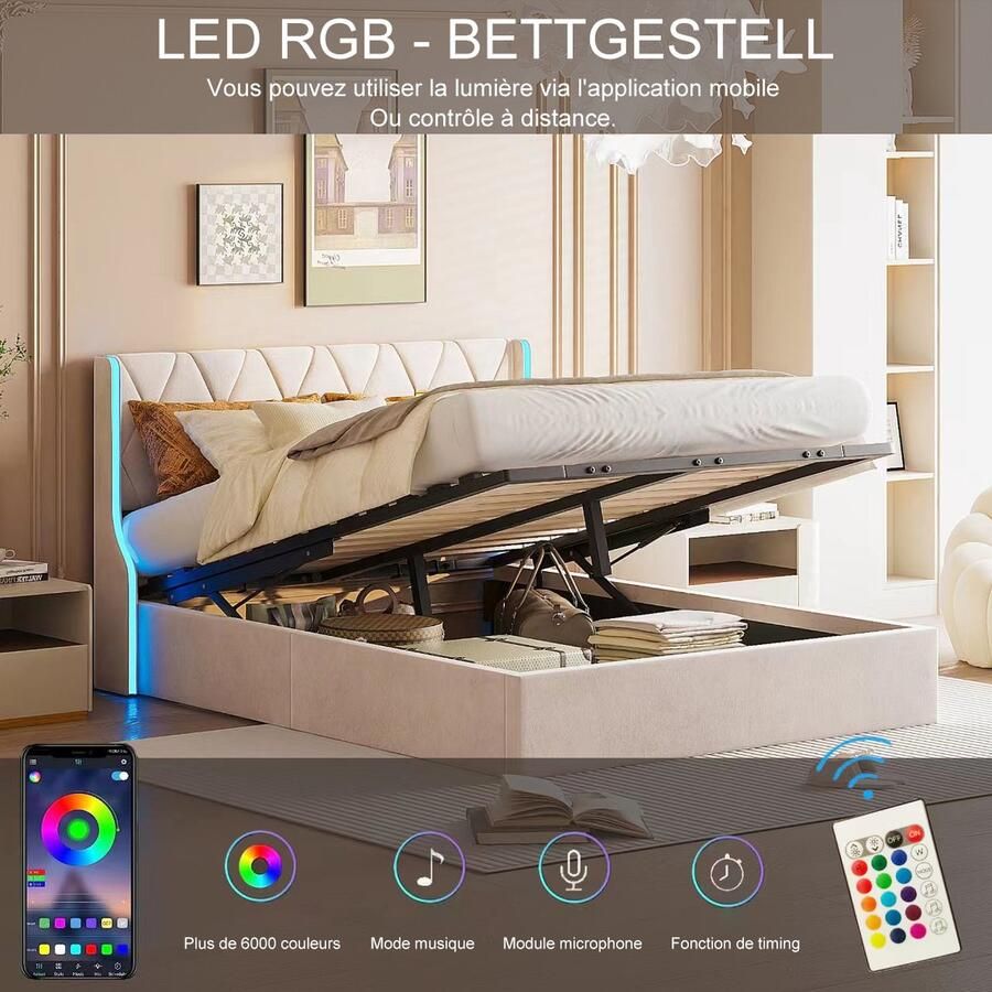 ROSAHQNDA Gestoffeerd tweepersoonsbed 140x200cm modern bed met hydraulische opbergfunctie gestoffeerd bed met led-verlichting en lattenbodem beige fluweel zonder matras (splitsen voor 2 pakketten voor verzending)