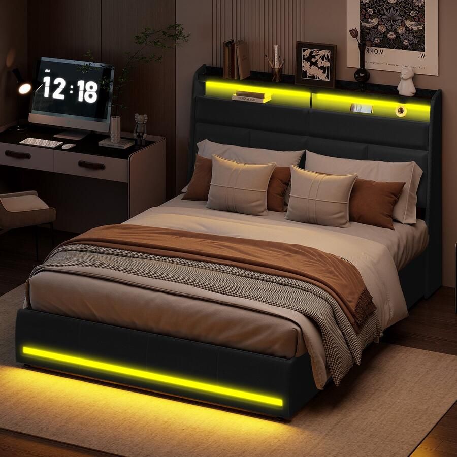 ROSAHQNDA Gestoffeerd tweepersoonsbed 160 x 200 cm modern gestoffeerd bed hoofdbord met ledverlichting stevig bedframe met lattenbodem jeugdbed zwart PU-leer zonder matras gesplitst voor 2 personen. Pakket naar verzending