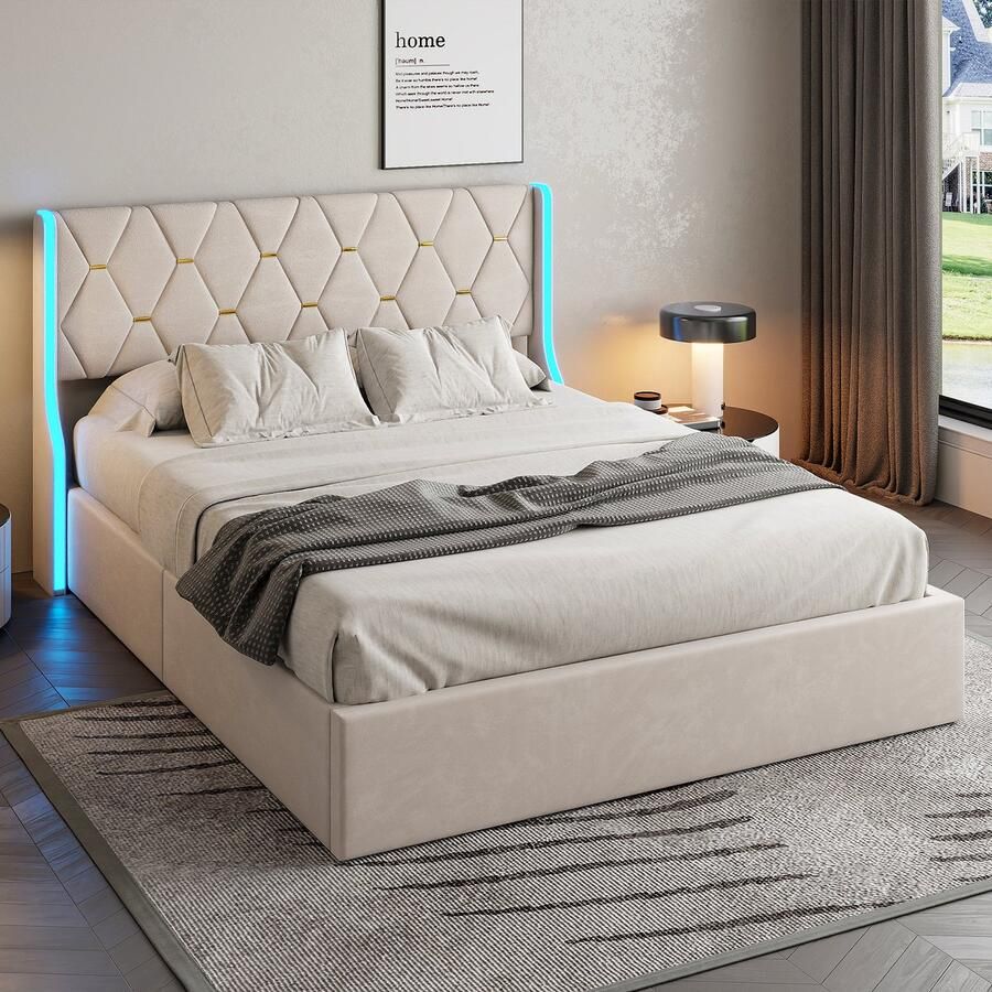 ROSAHQNDA Gestoffeerd tweepersoonsbed 160x200cm modern bed met hydraulische opbergfunctie gestoffeerd bed met led-verlichting en lattenbodem beige fluweel zonder matras (splitsen voor 2 pakketten voor verzending)
