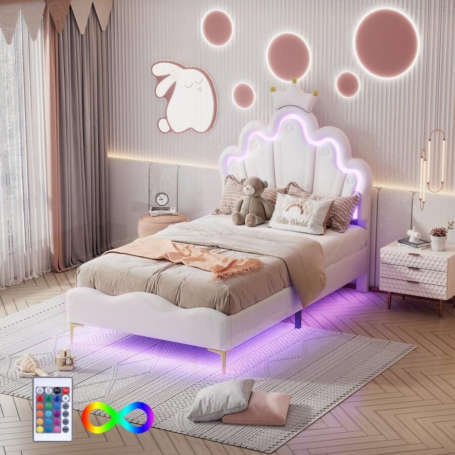 ROSAHQNDA Kinderbed 90 x 200 cm kroonprinsessenbed met in hoogte verstelbaar hoofdbord met ledverlichting en lattenbodem gestoffeerd bed meisjesbed rugleuning kinderbedframe fluweel zonder matras wit
