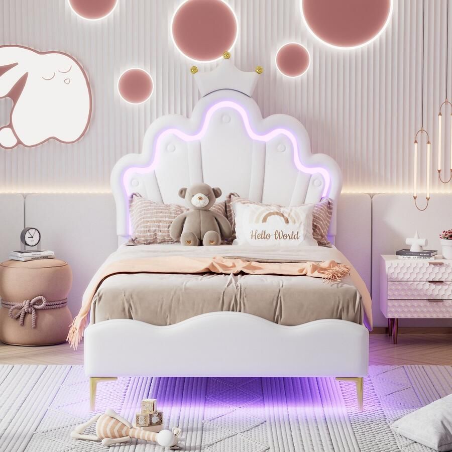 ROSAHQNDA Kinderbed 90 x 200 cm met LED-verlichting kroonprinsessenbed met in hoogte verstelbaar hoofdeinde en lattenbodem gestoffeerd bed meisjesbed rugleuning kinderbedframe fluweel zonder matras wit - Foto 2