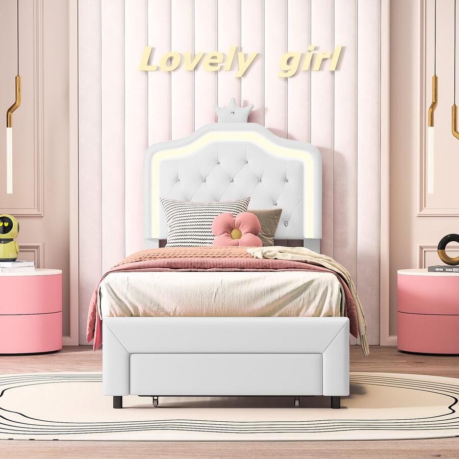 ROSAHQNDA Kinderbed eenpersoonsbed 90 x 200 cm gestoffeerd bedframe kroonhoofdeinde opbergruimte met 1 lade verstelbaar hoofdeinde leren oppervlak wit zonder matras (verdeeld in twee pakketten)