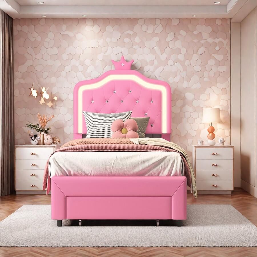 ROSAHQNDA Kinderbed eenpersoonsbed 90 x 200 cm gestoffeerd bedframe kroonhoofdeinde opbergruimte met 1 lade verstelbaar hoofdeinde leren oppervlak roze zonder matras (verdeeld over twee pakketten)