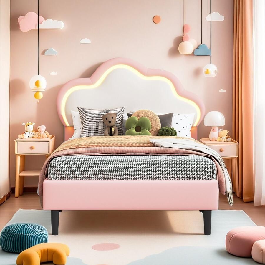 ROSAHQNDA Kinderbed gestoffeerd eenpersoonsbed 90 x 200 cm bedframe met led-verlichting wolkenvormig hoofdeinde en lattenbodem prinsessenbed van PU-leer meisjesbed zonder matras