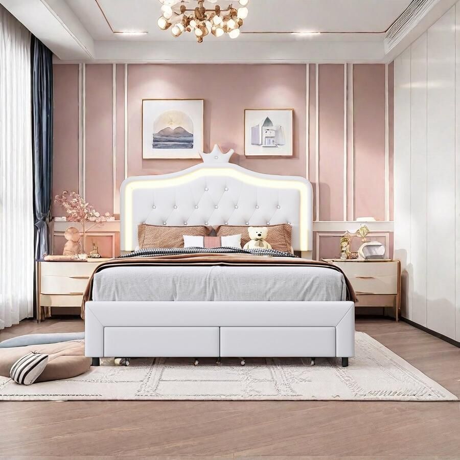 ROSAHQNDA Kinderbed tweepersoonsbed 140 x 200 cm gestoffeerd bedframe led-verlichting kroonhoofdeinde ladekast verstelbaar hoofdeinde leren oppervlak wit (zonder matras) te verdelen in twee pakketten