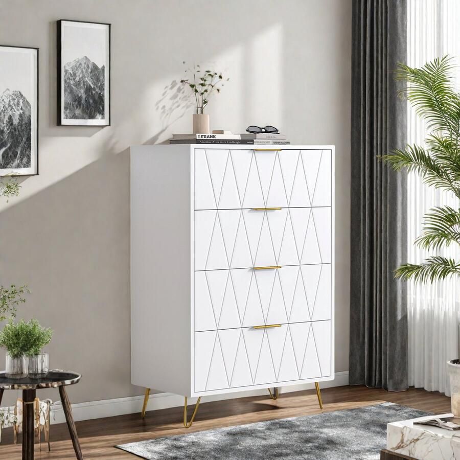 ROSAHQNDA Ladekast met 4 laden moderne witte opbergkast met metalen poten creatieve MDF opbergkast in ruitpatroonontwerp voor woonkamer slaapkamer