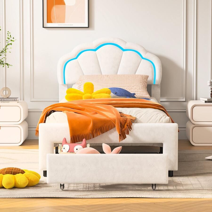 BursDany Kinderbed 90x200cm LED eenpersoonsbed Gestoffeerd bed met hoofdeinde in bloemvorm lattenbodem en opbergruimte voor tienermeisjes velours wit (zonder matras)