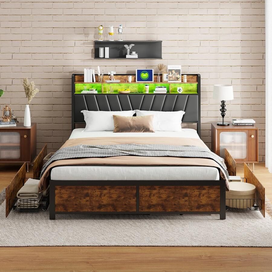 ROSAHQNDA Metaal Bed 160 x 200 cm Tweepersoonsbed met LED-verlichting en USB-oplaadfunctie Metalen bed met 4 lades Opbergbed met metalen lattenbodem Jeugdbed Slaapkamermeubel in industriële stijl Zonder matras (Splits twee pakketten voor bezorging)