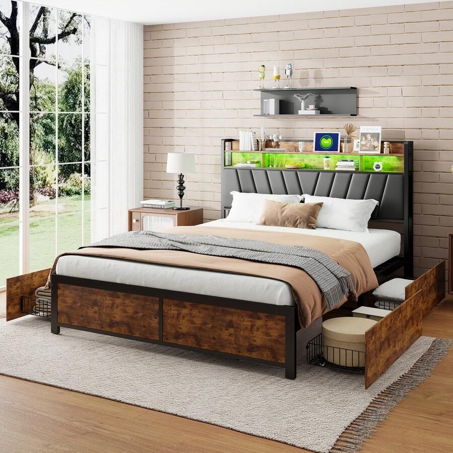 ROSAHQNDA Metaal Bed 180 x 200 cm Tweepersoonsbed met LED-verlichting en USB-oplaadfunctie Metalen bed met 4 lades Opbergbed met metalen lattenbodem Jeugdbed Slaapkamermeubel in industriële stijl Zonder matras (Splits twee pakketten voor bezorging) - Foto 2