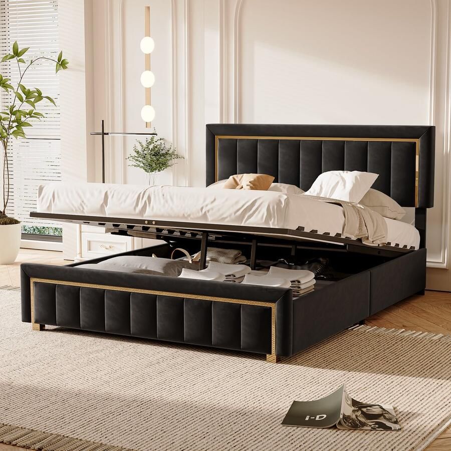 ROSAHQNDA Modern bed 140x200cm gestoffeerd bed met flanellen hoofdeinde hydraulisch bedframe met gouden afwerking tweepersoonsbed met lattenbodem zwarte flanel zonder matras (splitsen voor 2 pakketten voor verzending)