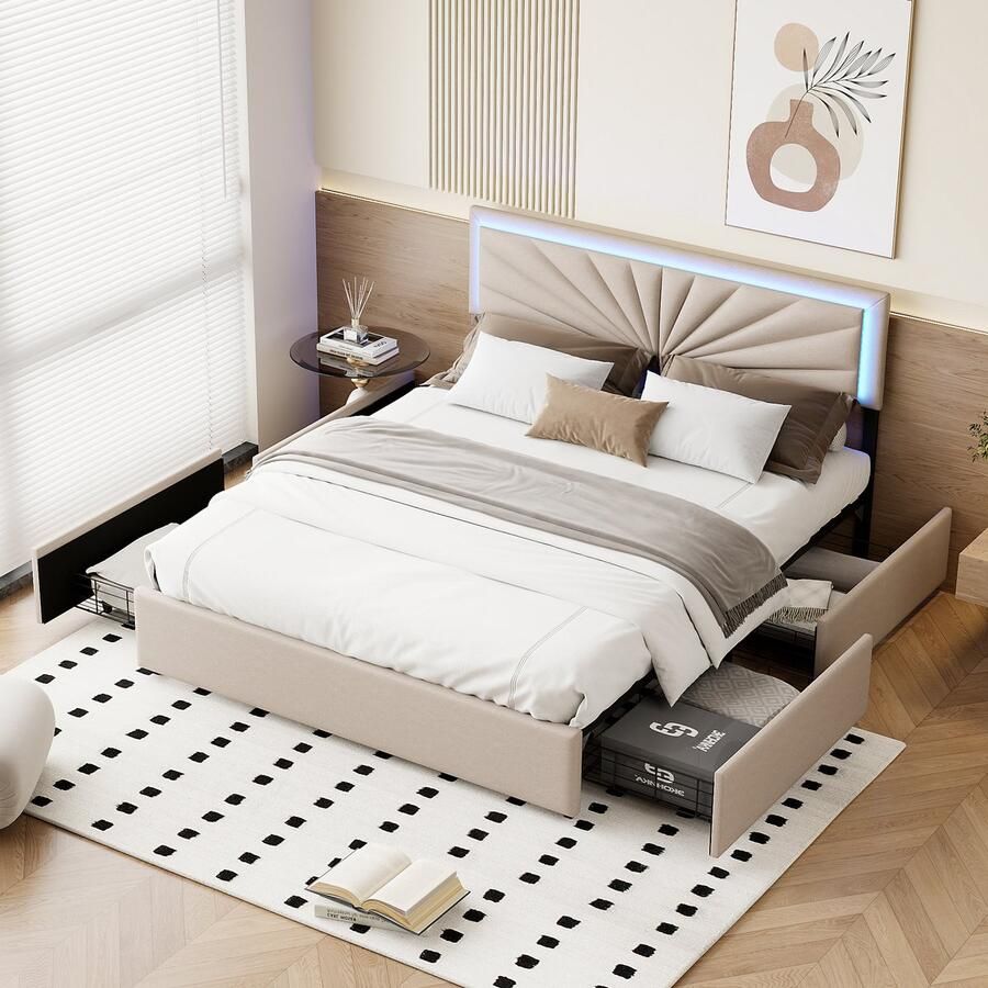 BursDany Gestoffeerd bed 160x200 cm met LED-hoofdeinde tweepersoonsbed met lattenbodem en 4 lades bedframe voor volwassenen en tieners zonder matras linnen beige