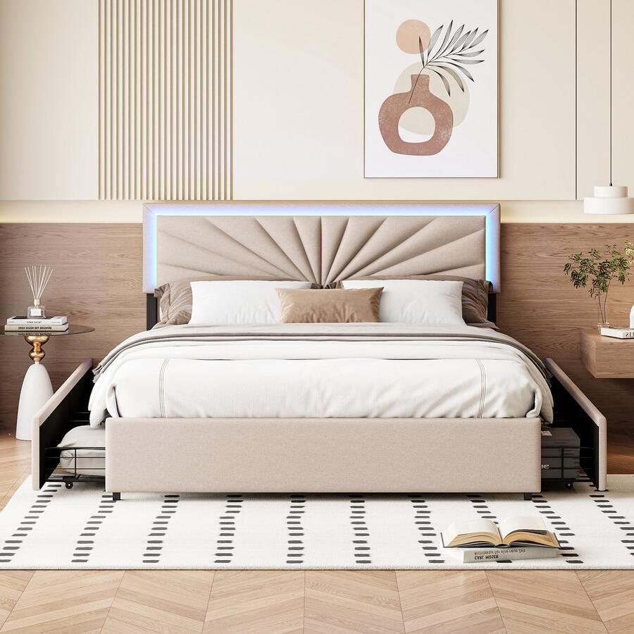 ROSAHQNDA Modern bed 160x200cm gestoffeerd tweepersoonsbedframe met 4 lades en led-verlichting tweepersoonsbed met opbergruimte voor jongeren en volwassenen beige linnen stof zonder matras (splitsen voor 2 pakketten voor verzending)