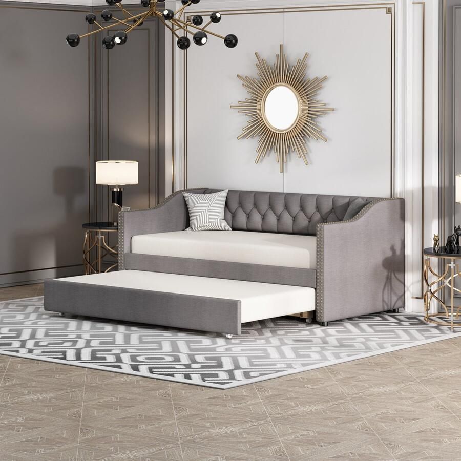 SHOPENTRA Kinderbed 90x200 cm – Uittrekbaar Slaapbankje van Duurzaam Linnen – Grijs Geschikt voor Kinderen en Gasten