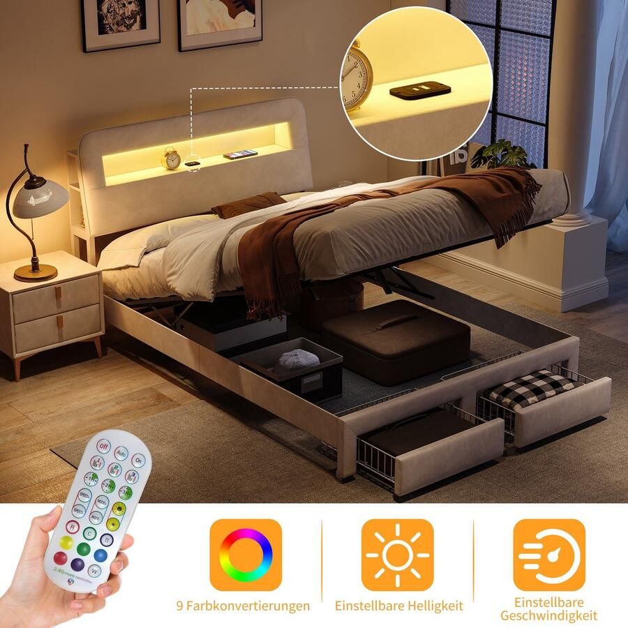 ROSAHQNDA Modern gestoffeerd bed 140 x 200 cm met ledverlichting tweepersoonsbed met 2 lades jeugdbed met hydraulische opbergruimte modern bedframe met lattenbodem beige fluweel zonder matras (splitsen voor 2 pakketten voor verzending)
