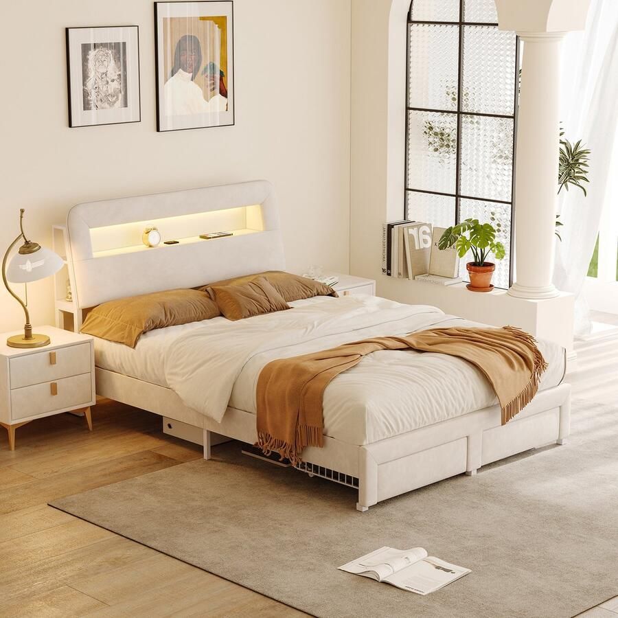 ROSAHQNDA Modern gestoffeerd bed 160 x 200 cm met ledverlichting tweepersoonsbed met 2 lades jeugdbed met hydraulische opbergruimte modern bedframe met lattenbodem beige fluweel zonder matras (splitsen voor 2 pakketten voor verzending)