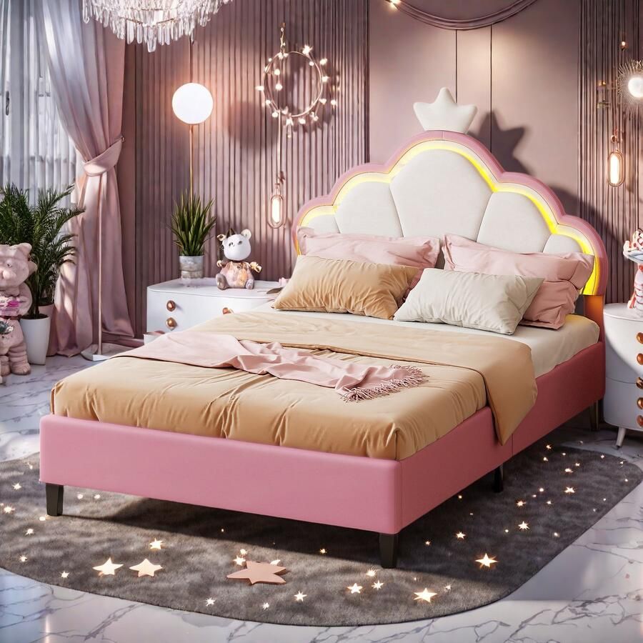 ROSAHQNDA Modern gestoffeerd bed LED-prinsessenbed hoofdbord in de vorm van een bloem met kroondecoratie 90x200cm Eenpersoonsbed zonder matras