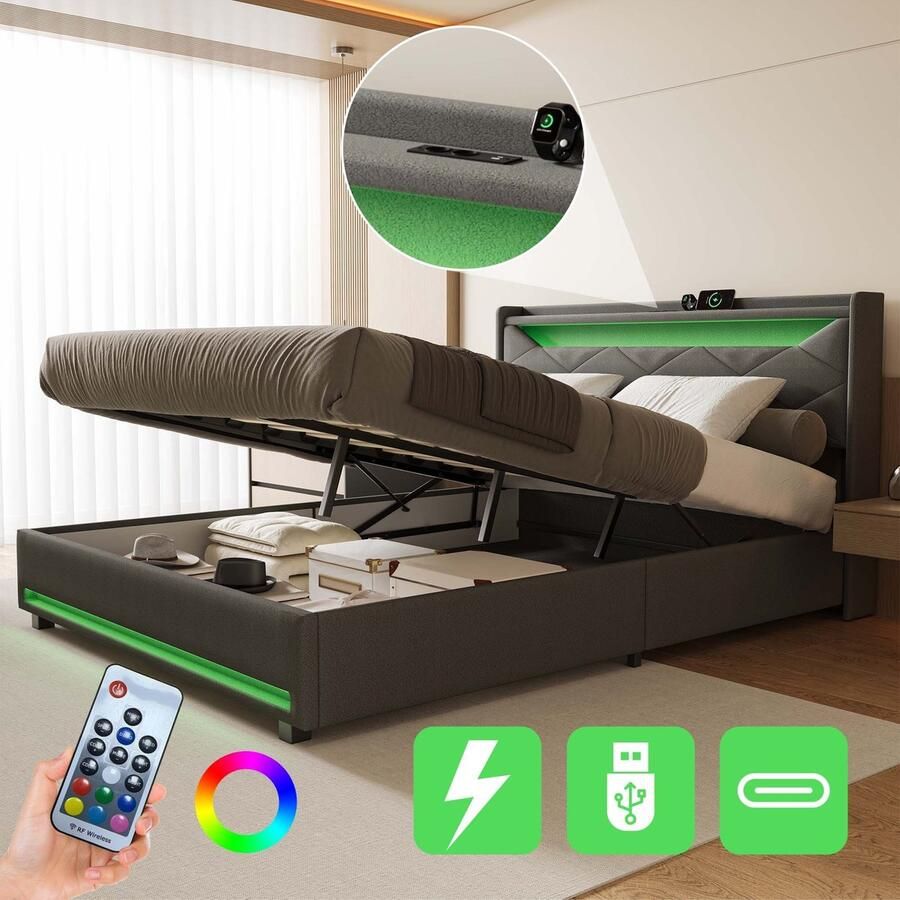 ROSAHQNDA Modern gestoffeerd tweepersoonsbed 140x200cm hydraulisch functioneel bedframe met ledverlichting opberghoofdeinde Type-C en USB-oplaadstation houten lattenbodem fluweel grijs (splitsen voor 2 pakketten voor verzending)