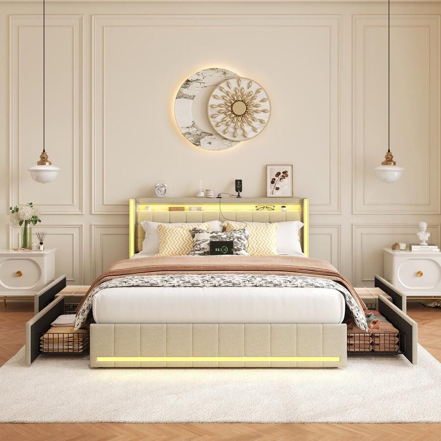 ROSAHQNDA Modern gestoffeerd tweepersoonsbed 160x200cm Gestoffeerd bed met 4 lades en lattenbodem LED-verlichting en USB-oplaadfunctie tweepersoonsbed met opbergruimte jeugdbed beige linnen stof zonder matras (gesplitst voor 2 pakketten voor verzending)