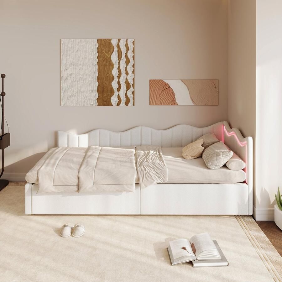 ROSAHQNDA Modern jeugdbed 90x200cm gestoffeerd bed kinderbed met lattenbodem en opbergruimte led-verlichtingsbed met lattenbodem fluwelen stof eenpersoonsbed voor jongens en meisjes zonder matras (verzonden in twee pakketten)