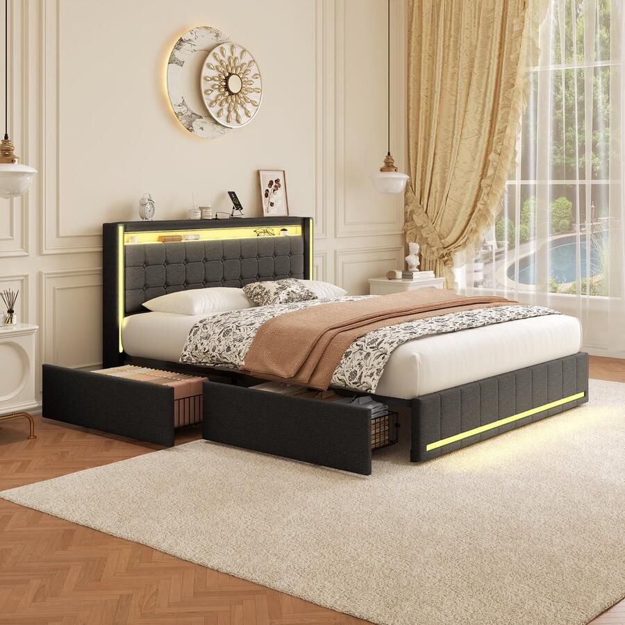 ROSAHQNDA Modern opbergbed 140x200cm Gestoffeerd bed met 4 lades en lattenbodem LED-verlichting en USB-oplaadfunctie tweepersoonsbed met opbergruimte jeugdbed grijze linnen stof zonder matras (gesplitst voor 2 pakketten voor verzending)