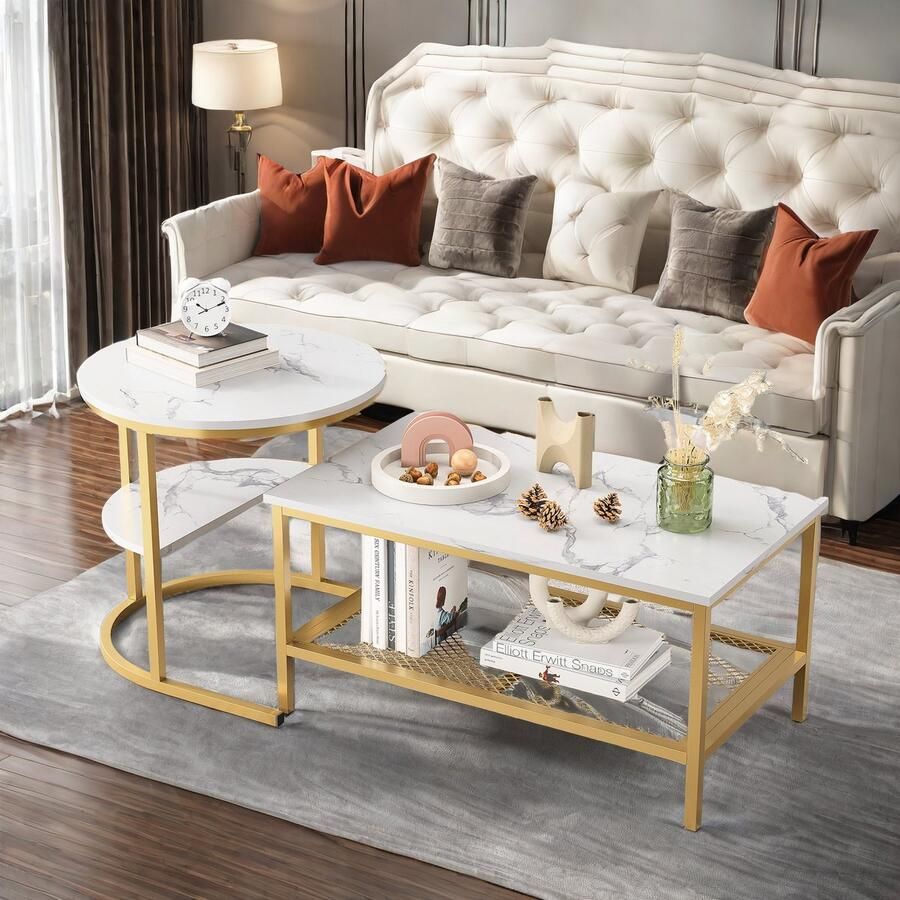 ROSAHQNDA Modern salontafels set van 2 salontafels met grote opbergruimte tafelblad met marmermotief en stevige metalen onderstellen woonkamermeubel