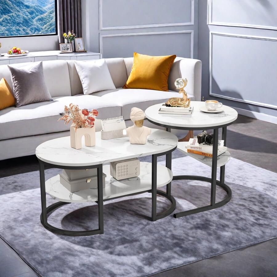 ROSAHQNDA Modern salontafels set van 2 salontafels met grote opbergruimte tafelblad met marmermotief en stevige metalen onderstellen woonkamermeubel