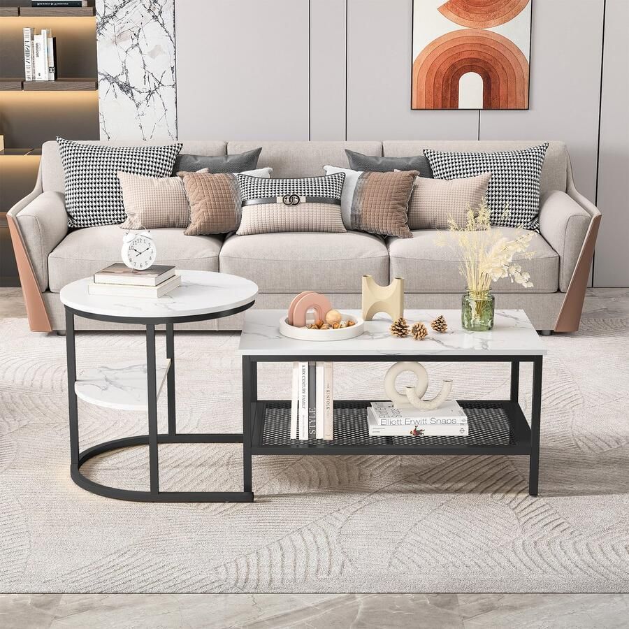 ROSAHQNDA Modern salontafels set van 2 salontafels met grote opbergruimte tafelblad met marmermotief en stevige metalen onderstellen woonkamermeubel
