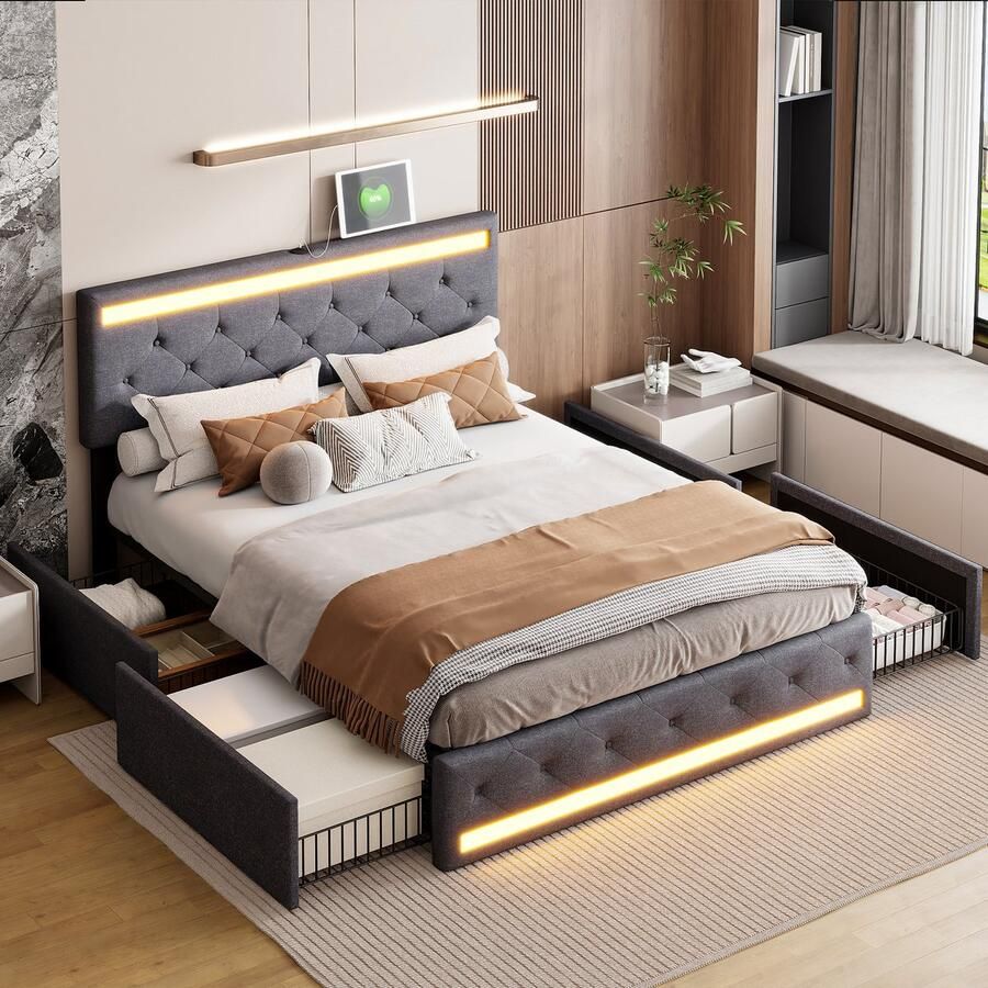 ROSAHQNDA Modern tweepersoonsbed met 4 lades 140x200cm gestoffeerd bed met LED-lamp hoofdbord en 4 lades met USB-oplaadfunctie platformbedframe grijs linnen zonder matras (splitsen voor 2 pakketten voor verzending)