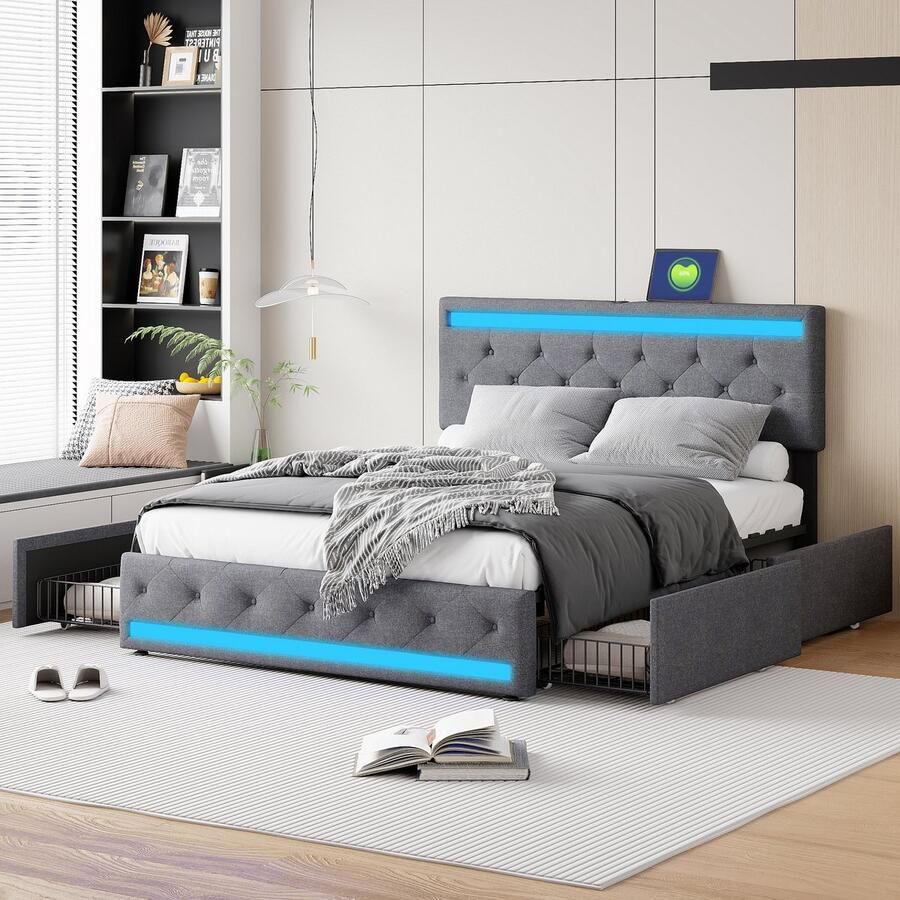 ROSAHQNDA Modern tweepersoonsbed met 4 lades 180x200cm gestoffeerd bed met LED-lamp hoofdbord en 4 lades met USB-oplaadfunctie platformbedframe grijs linnen zonder matras (splitsen voor 2 pakketten voor verzending)