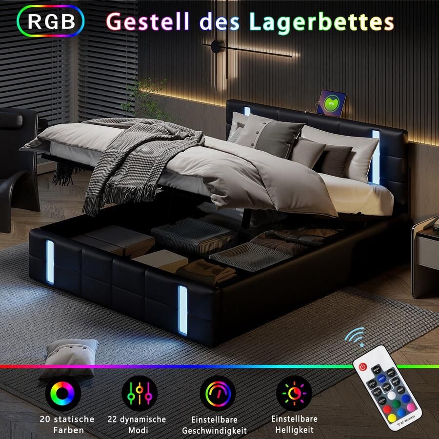 ROSAHQNDA Modern tweepersoonsbed zwart lederen gestoffeerd bed 140x200cm modern LED tweepersoonsbed met USB-oplaadpoorten hydraulisch bedframe zonder matras (splitsen voor 2 pakketten voor verzending)