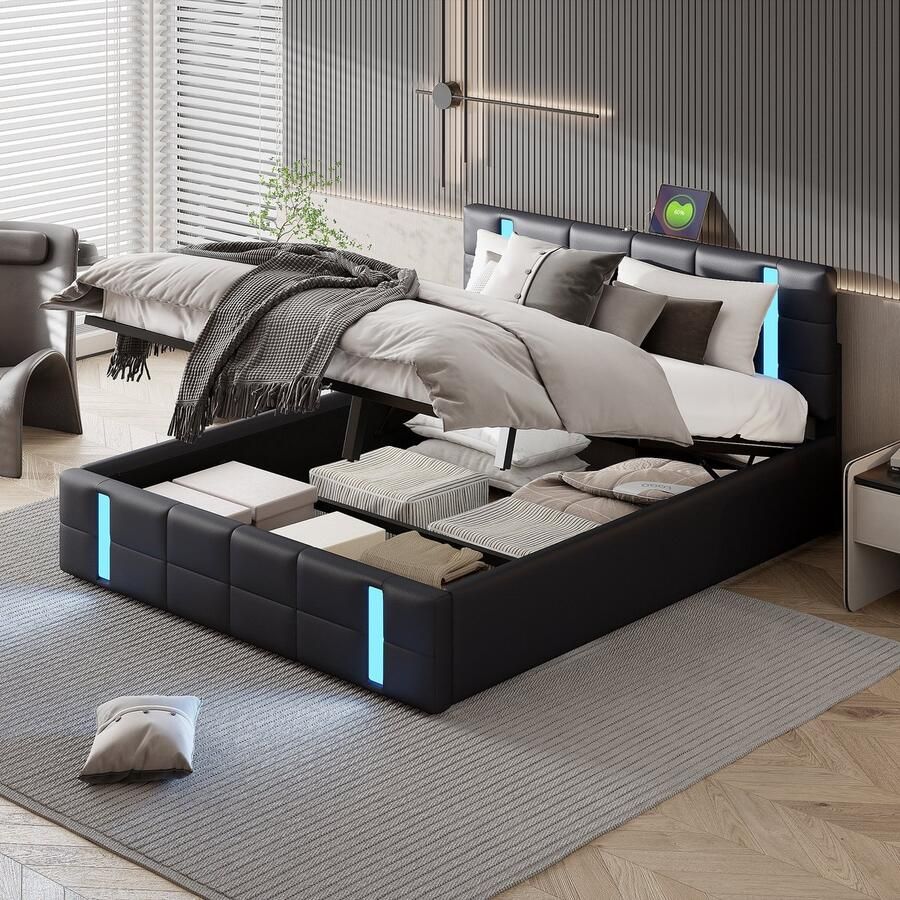 ROSAHQNDA Modern tweepersoonsbed zwart lederen gestoffeerd bed 160x200cm modern LED tweepersoonsbed met USB-oplaadpoorten hydraulisch bedframe zonder matras (splitsen voor 2 pakketten voor verzending)