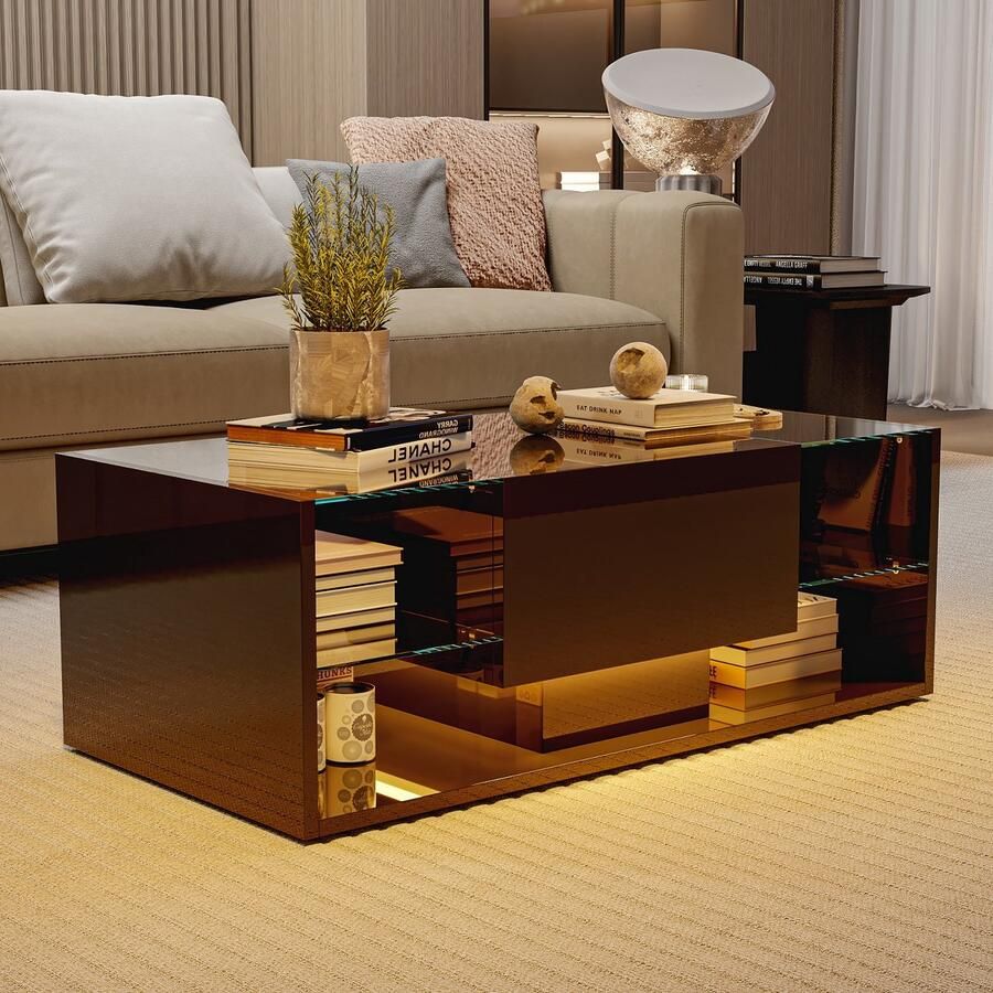 ROSAHQNDA Moderne salontafel voor de woonkamer met opbergruimte LED hoogglans salontafel van MDF en gehard glas met één lade en twee planken