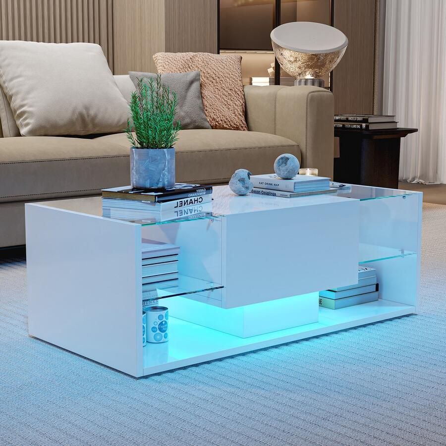 ROSAHQNDA Moderne salontafel voor de woonkamer met opbergruimte LED hoogglans salontafel van MDF en gehard glas met één lade en twee planken