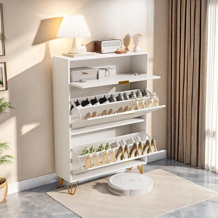 ROSAHQNDA Moderne witte houten schoenenkast voor de entree schoenenkast met 2 uitklapbare laden een bovenplank met deur biedt ruimte aan maximaal 20 paar schoenen