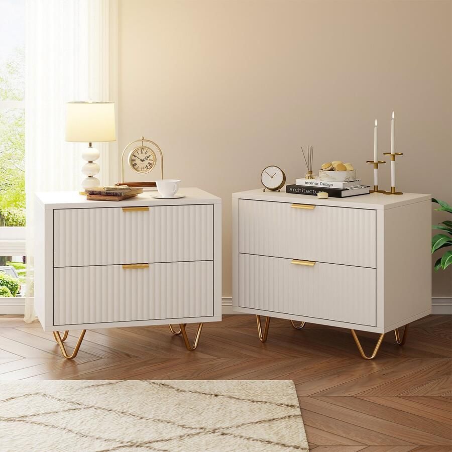 ROSAHQNDA Nachtkastje (2-delig) nachtkastje met lade modern wit nachtkastje bijzettafel modern breed houten nachtkastje houten nachtkastjes met metalen poten voor slaapkamer woonkamer bank thuiskantoor