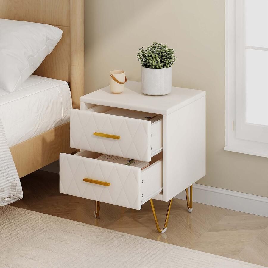 ROSAHQNDA Nachtkastje set van 2 nachtkastje met 2 lades nachtkastje voor slaapkamer salontafel woonkamer zacht PU-gevoerd nachtkastje van MDF + metalen poten handgreep beige 41x35 5x51cm