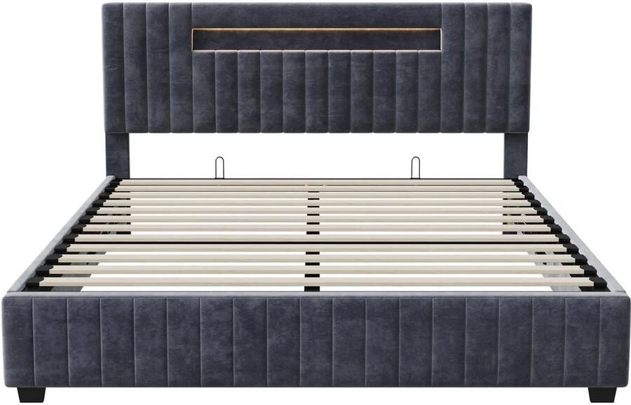 ROSAHQNDA Paco Goederen Tweepersoonsbed met Gestoffeerd Hoofdbord LED-verlichting 140x200 opbergbed met onderstel grijs fluwelen bed met lattenbodem Modern & Stevig