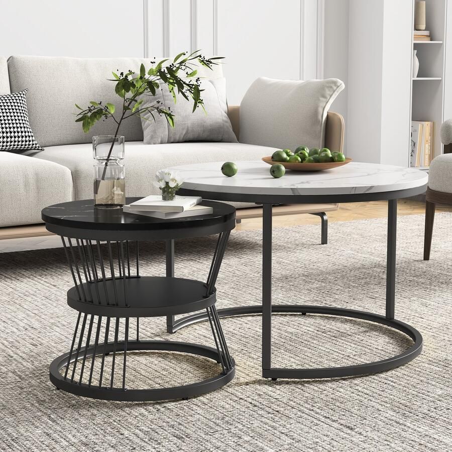 ROSAHQNDA Ronde salontafel (2 stuks) 70x45 5cm 45x40cm tafel met zwart + wit blad en zwarte pootondersteuning set van 2 ronde salontafels ingebouwd in de zijkant van de bank (zwarte poot)