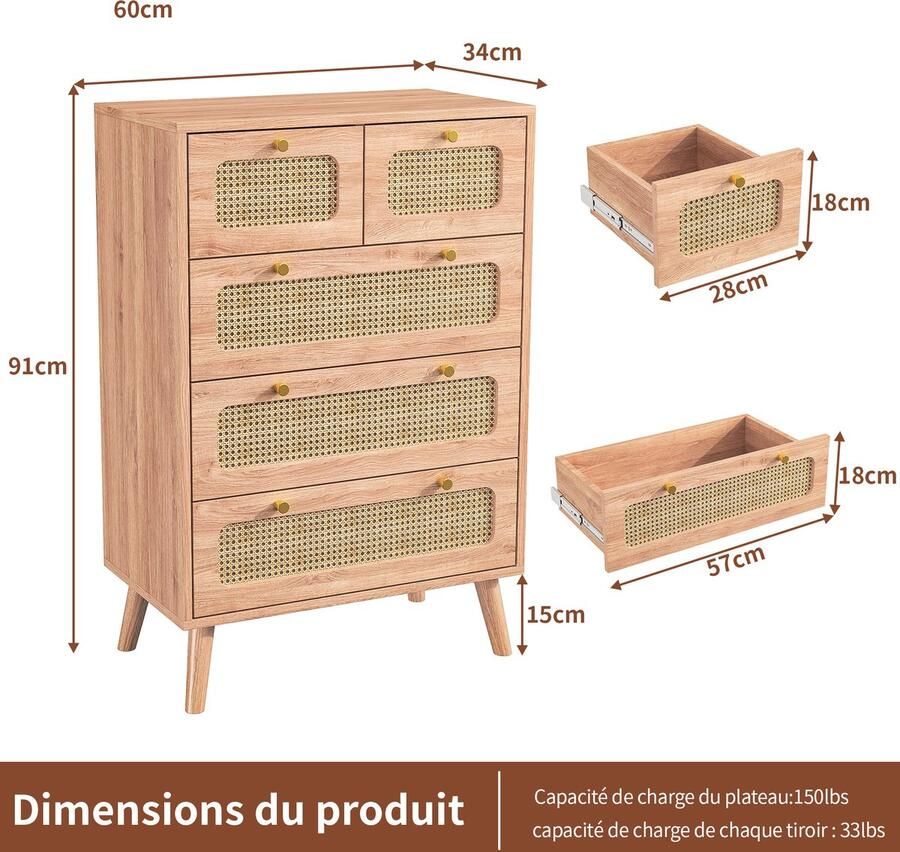 ROSAHQNDA Rotan ladekast opbergkast 5 lades dressoir met kantelbeveiliging voor woonkamer eetkamer hal houtkleur 60x34x91cm
