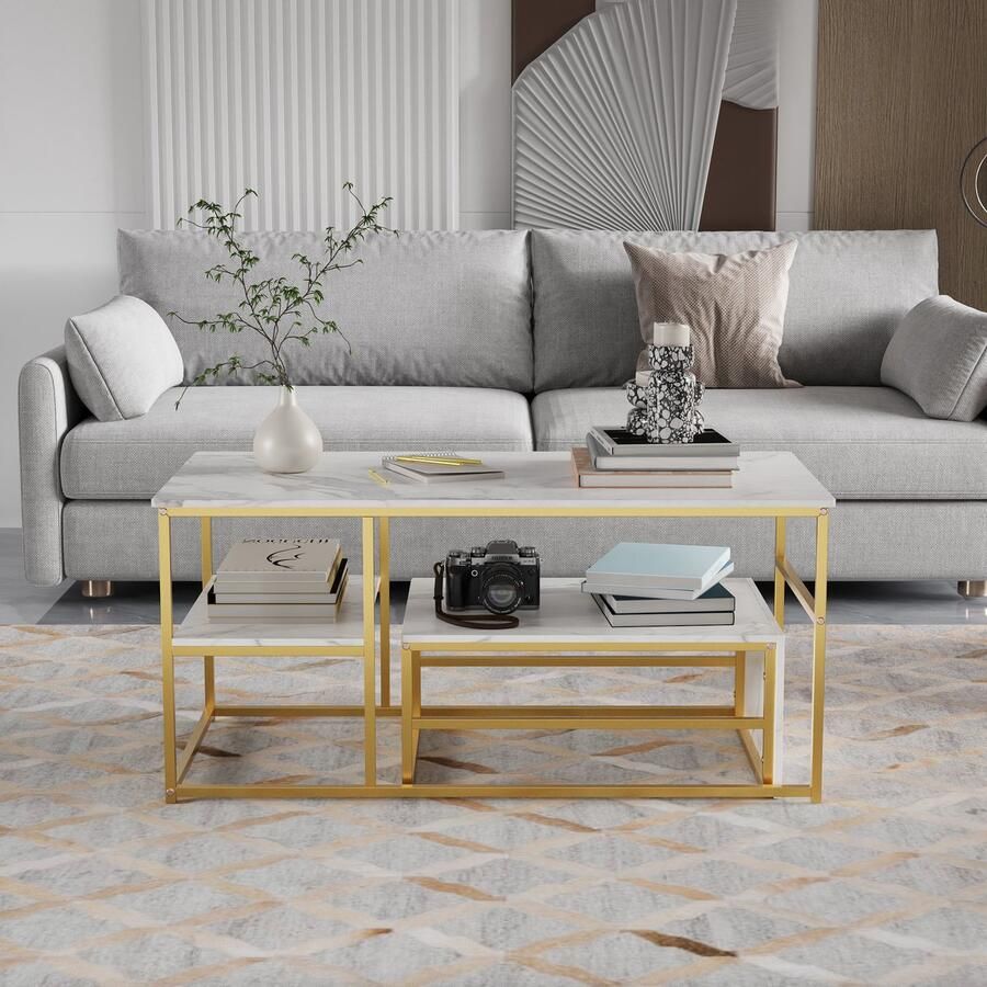 ROSAHQNDA Salontafels Set van 2 Bijzettafels Marmerlook met Metalen Frame en Plank Rechthoekige Salontafel Woonkamertafel Banktafel voor Woonkamer Slaapkamer (Wit + Gouden Kader)