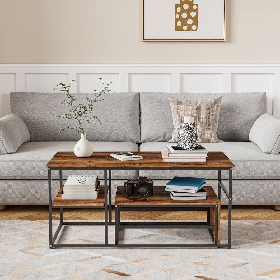 ROSAHQNDA Salontafels Set van 2 Bijzettafels Marmerlook met Metalen Frame en Plank Rechthoekige Salontafel Woonkamertafel Banktafel voor Woonkamer Slaapkamer (Bruin + Zwart Kader)