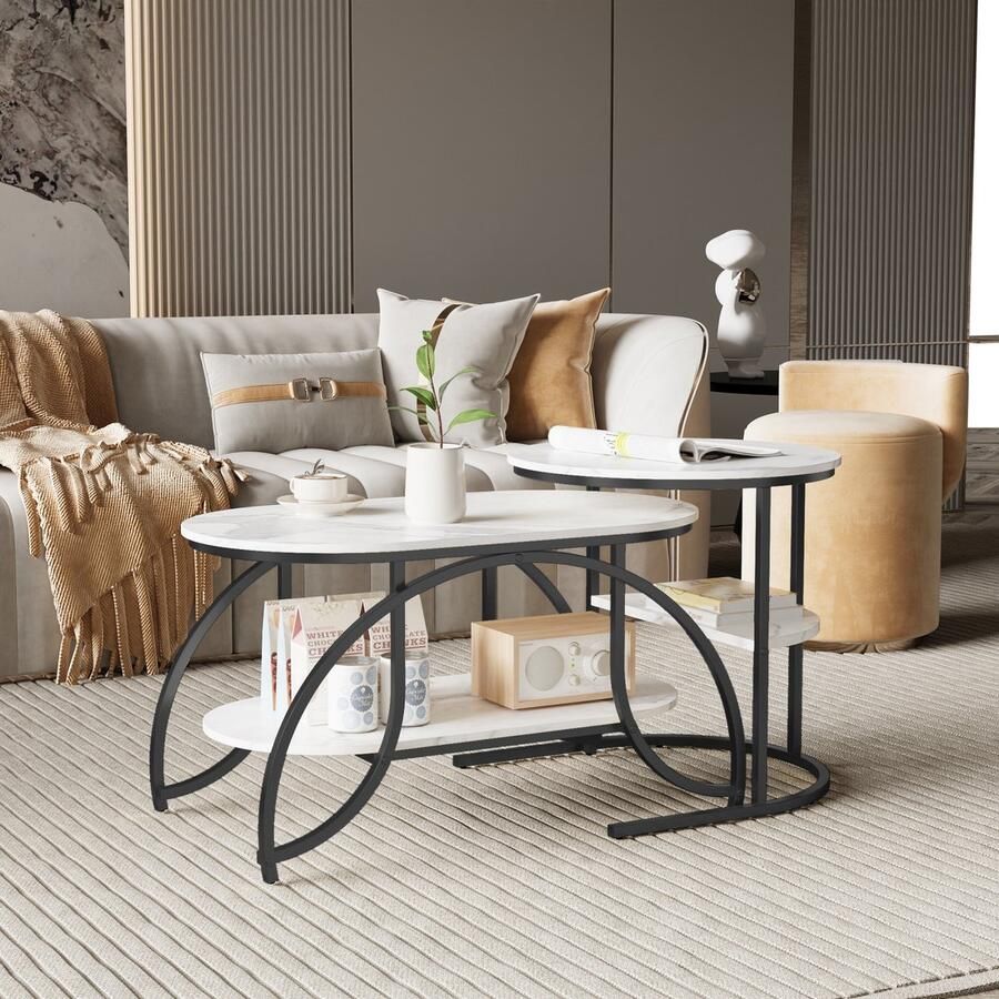 ROSAHQNDA Salontafelset van 2 ronde en ovale salontafels moderne salontafelset marmerfineer en metalen frame salontafel voor woonkamer balkon en kantoor (wit + zwart frame)