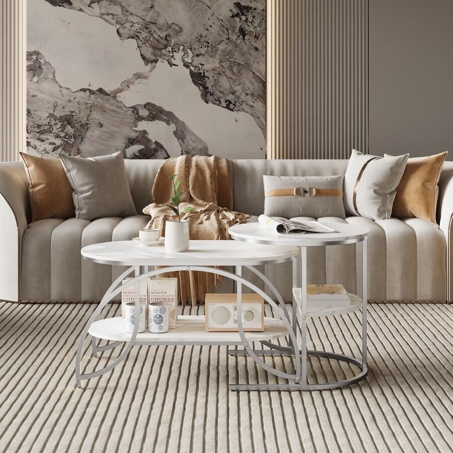 ROSAHQNDA Salontafelset van 2 ronde en ovale salontafels moderne salontafelset marmerfineer en metalen frame salontafel voor woonkamer balkon en kantoor (wit + zilveren frame)